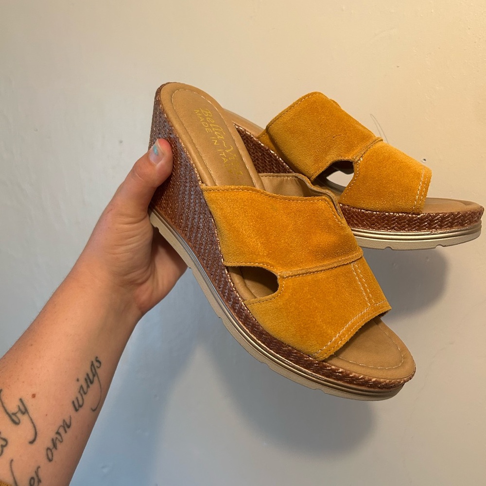Bella vita womenโs 7.5 orange suede Wedge open toe high heels